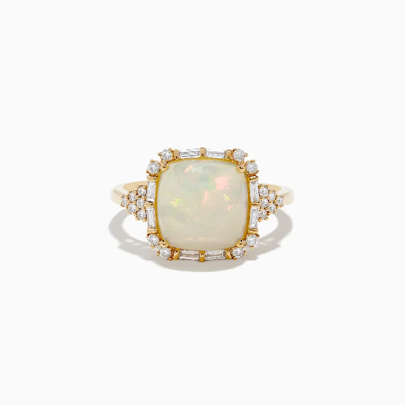 ladies rings pink-Aurora 14K Yellow Gold Opal and Diamond Ring