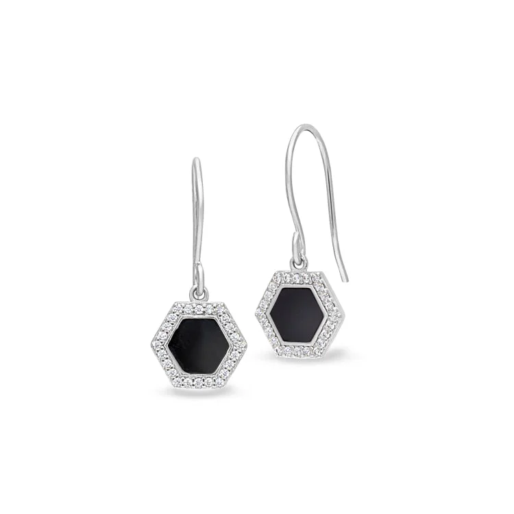 ladies earrings amethyst-Platinum Finish Sterling Silver Micropave Black Enamel Hexagon Earrings with Simulated Diamonds