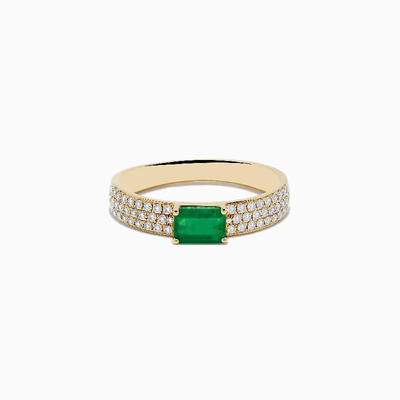 ladies rings lab grown-14K Yellow Gold Emerald and Diamond Ring