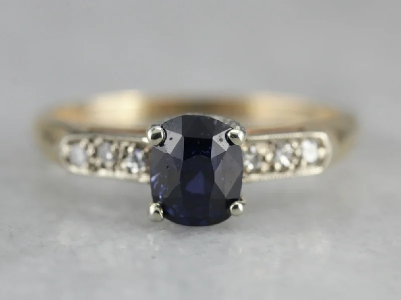 bezel set engagement rings -Sapphire and Diamond Retro Era Engagement Ring