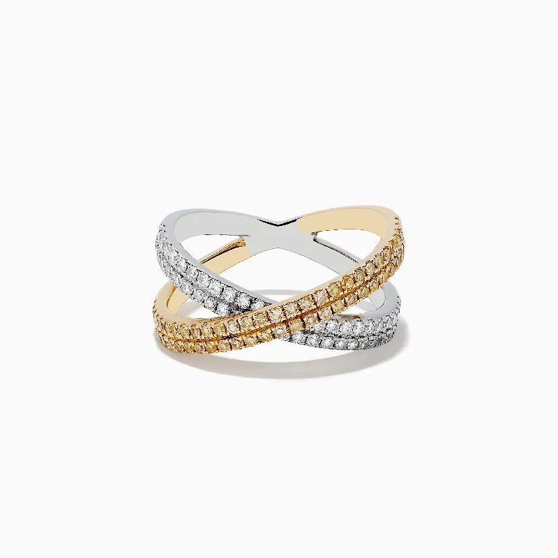 ladies rings geometric-Canare 14k Two Tone Yellow and White Diamond Crossover Ring 0.78 TCW