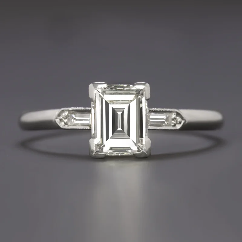 heart-shaped engagement rings -1 CARAT VINTAGE EMERALD CUT DIAMOND ENGAGEMENT RING F-G VS PLATINUM 3 STONE 1ct