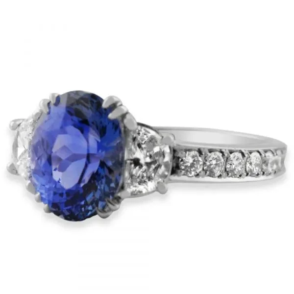 ladies rings modern-Oval Sapphire and Half Moon Diamond Ring