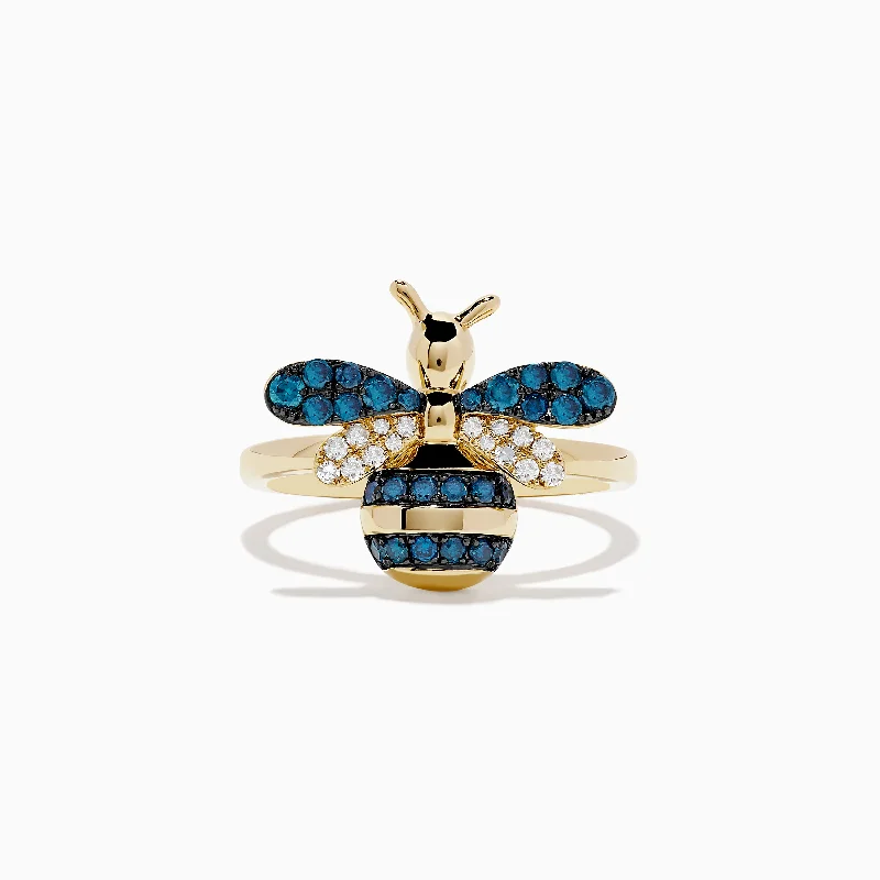 ladies rings top-Safari 14K Yellow Gold Blue and White Diamond Bee Ring