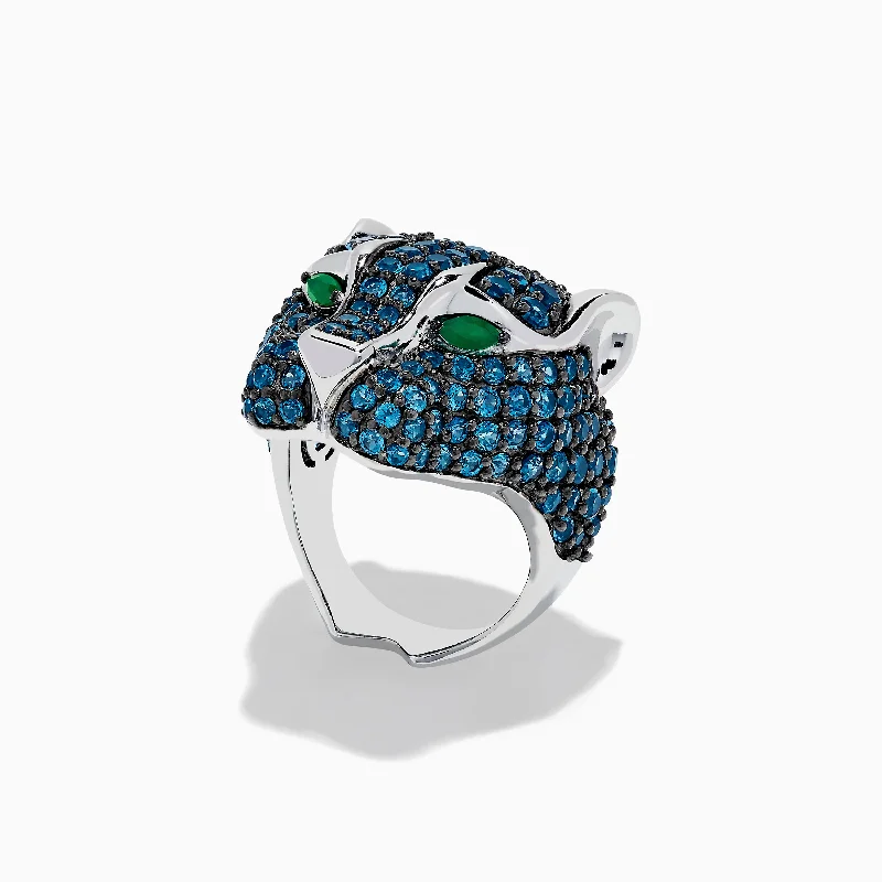 ladies rings monochrome-925 Sterling Silver Blue Topaz and Green Onyx Panther Ring