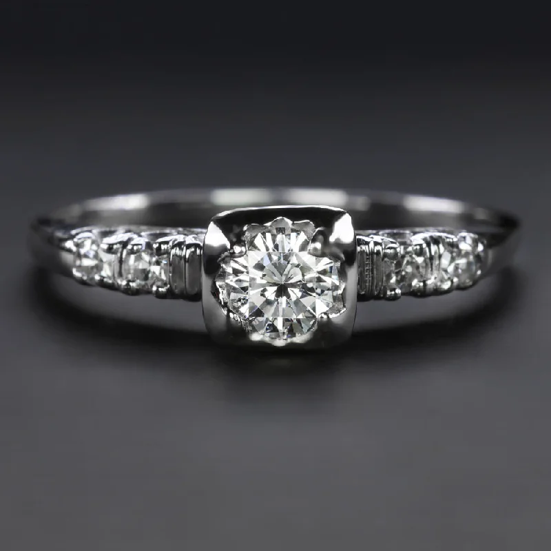 oval halo engagement rings -VINTAGE DIAMOND ENGAGEMENT RING E-F VS1 1/3ct 18k WHITE GOLD NATURAL ROUND CUT