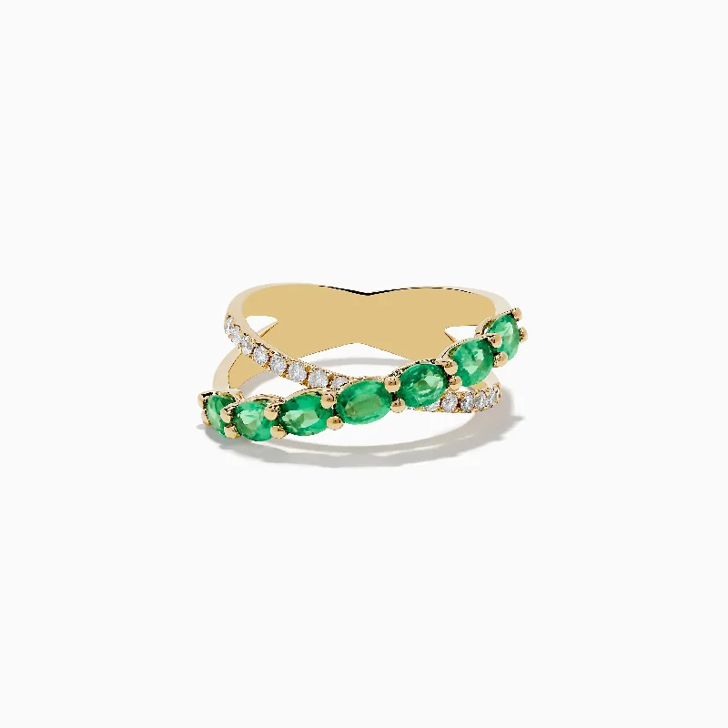 ladies rings eco friendly-Braslica 14K Yellow Gold Emerald and Diamond Crossover Ring