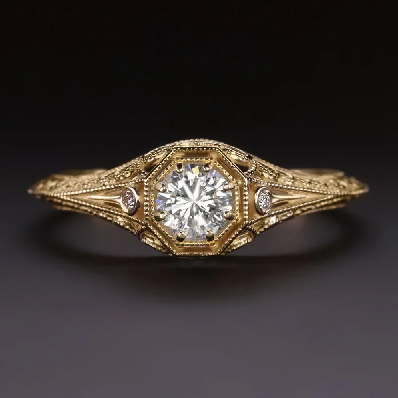 floral engagement rings -VINTAGE STYLE DIAMOND ENGAGEMENT RING 0.36ct E-F SI 14k YELLOW GOLD FILIGREE