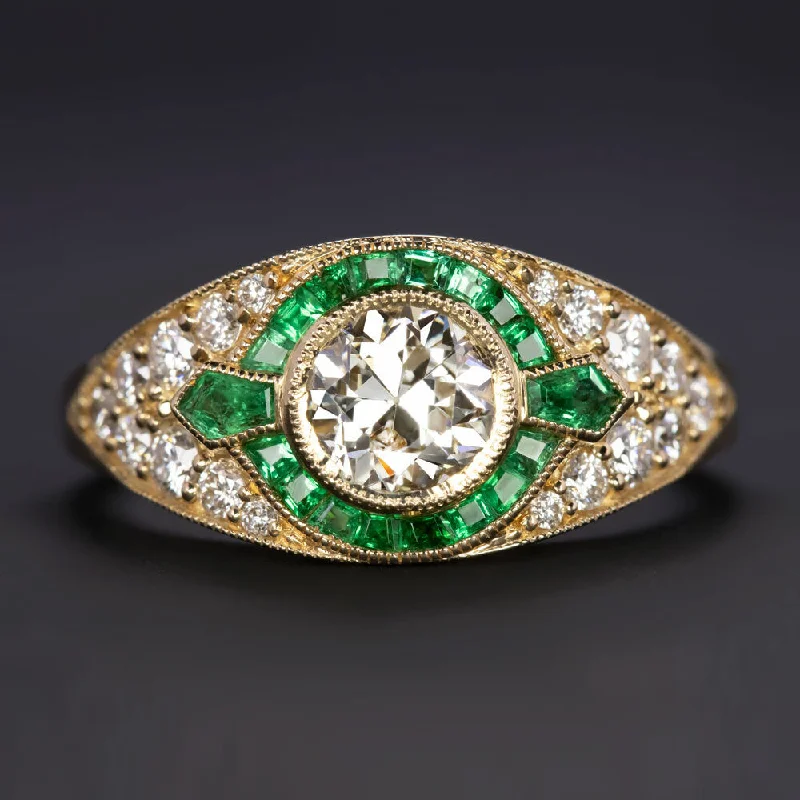 pave setting engagement rings -DIAMOND EMERALD ENGAGEMENT RING OLD EUROPEAN CUT VINTAGE STYLE HALO YELLOW GOLD