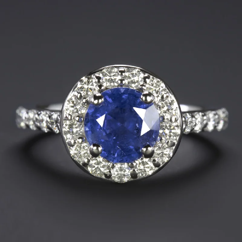 ruby engagement rings -CEYLON SAPPHIRE DIAMOND HALO RING ENGAGEMENT NATURAL ROUND 14k WHITE GOLD BLUE