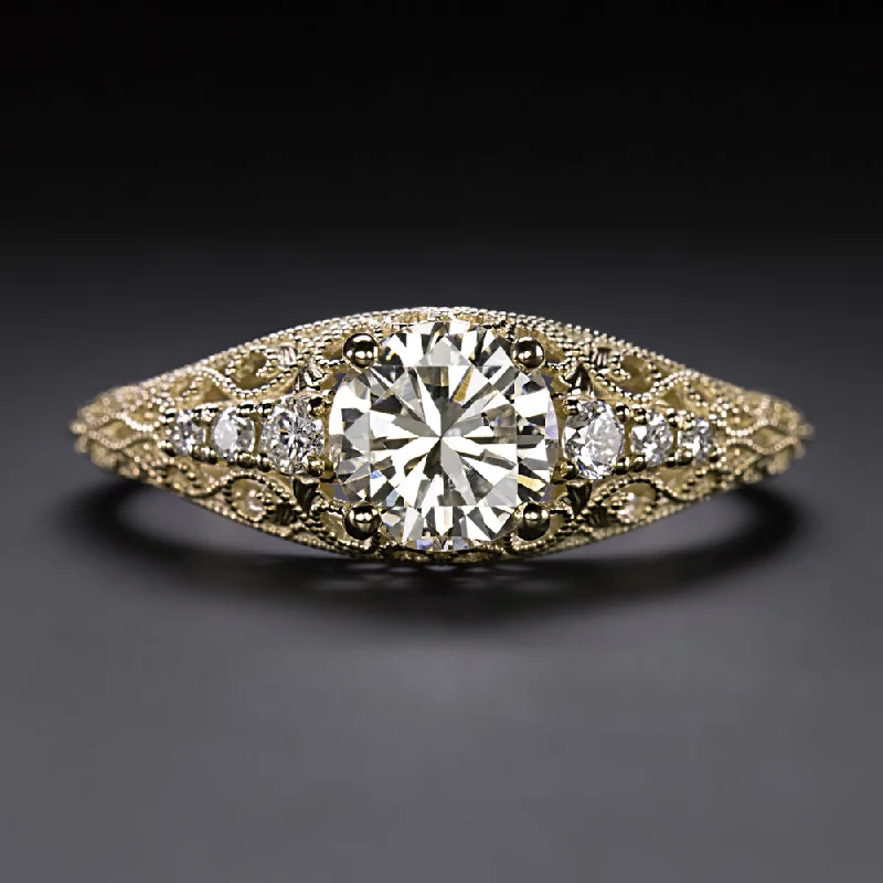 cushion cut engagement rings -VINTAGE STYLE DIAMOND ENGAGEMENT RING 14k YELLOW GOLD FILIGREE NATURAL ROUND