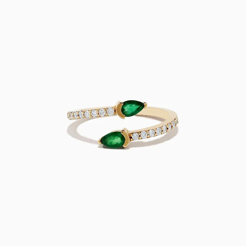 ladies rings rose gold-14K Yellow Gold Emerald and Diamond Bypass Ring