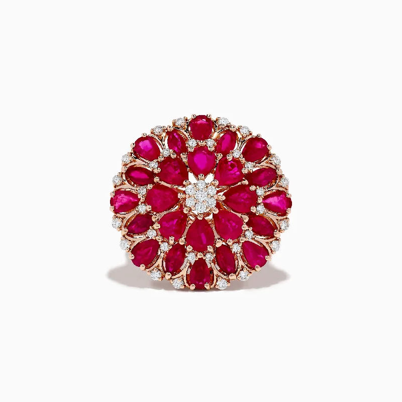 ladies rings bold design-14K Yellow Gold Ruby and Diamond Flower Cocktail Ring