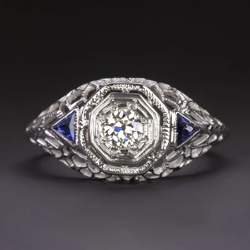 Victorian engagement rings -ART DECO DIAMOND ENGAGEMENT RING SAPPHIRE 18k WHITE GOLD FILIGREE OLD EUROPEAN