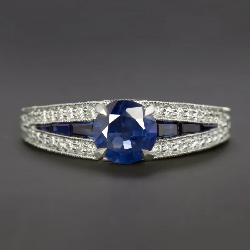 vintage engagement rings -SAPPHIRE DIAMOND COCKTAIL RING 14k WHITE GOLD NATURAL ENGAGEMENT ROUND CALIBRE