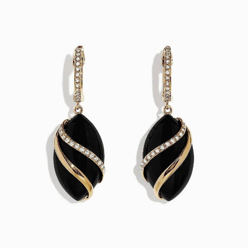 ladies earrings red-Eclipse 14K Yellow Gold Onyx and Diamond Drop Earrings, 11.53 TCW