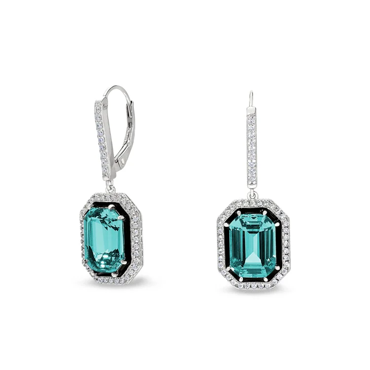 ladies earrings couple-Platinum Finish Sterling Silver Micropave Black Enamel & Aqua Spinel Octagon Earrings with Simulated Diamonds