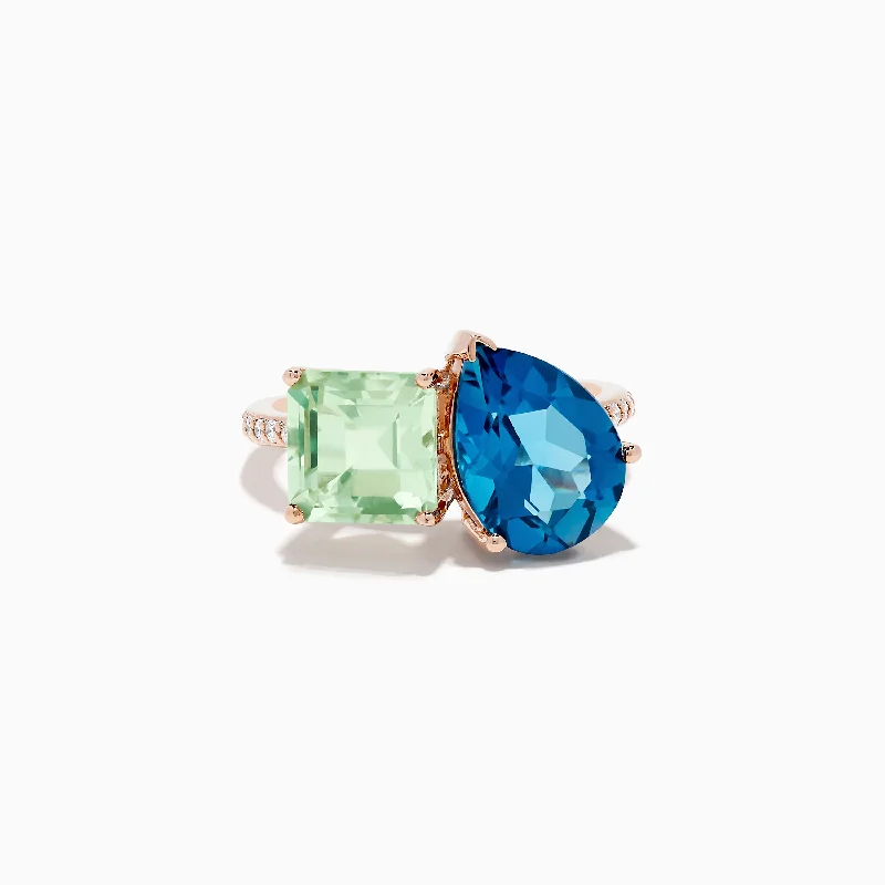 ladies rings single stone-14K Gold Diamond, Green Amethyst, and London Blue Topaz Toi Et Moi Ring