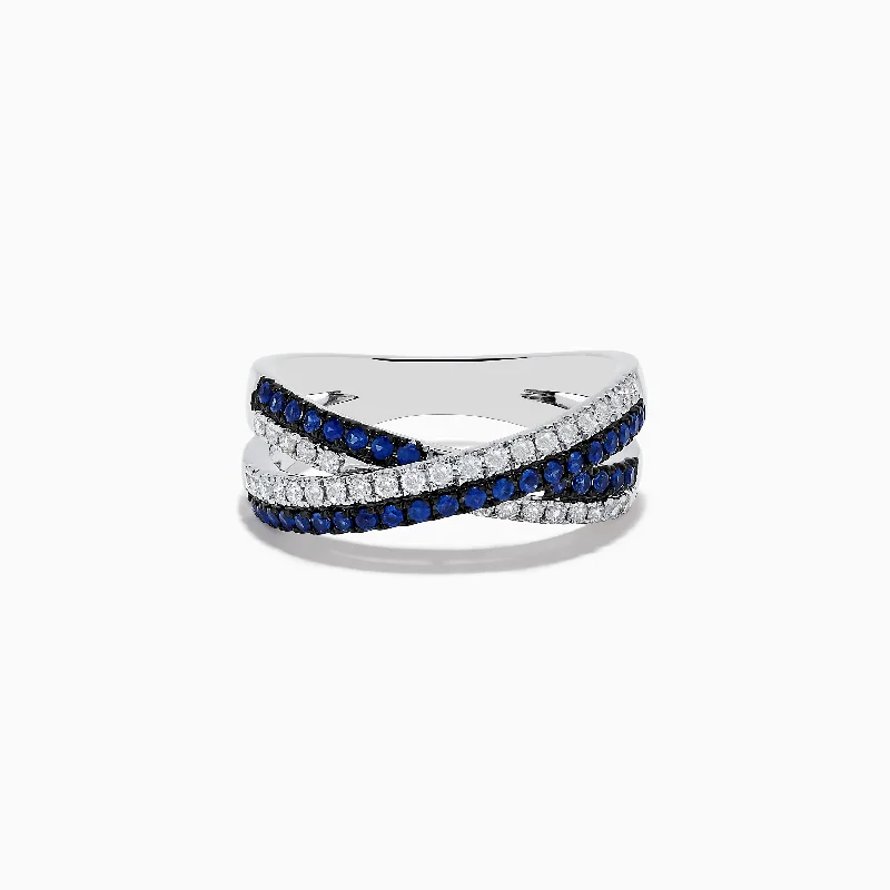 ladies rings modern classic-Royale Bleu 14K White Gold Blue Sapphire and Diamond Crossover Ring