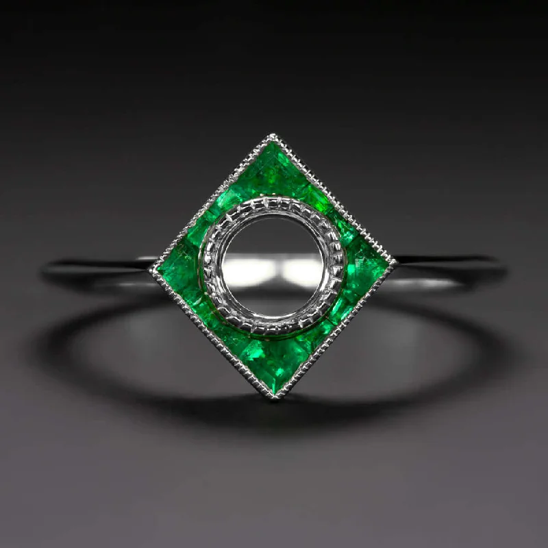 geometric engagement rings -EMERALD 5mm ROUND ENGAGEMENT RING SETTING MOUNT VINTAGE STYLE ART DECO CALIBRE