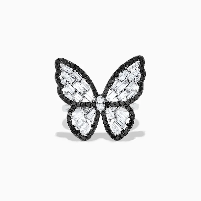 ladies rings popular-Nature 14K White Gold Black and White Diamond Butterfly Ring