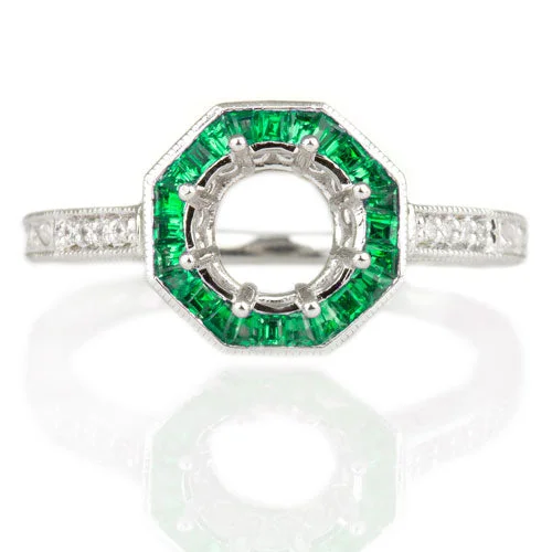 moissanite engagement rings -VINTAGE GREEN EMERALD HALO DIAMOND SEMI-MOUNT ENGAGEMENT RING ROUND SETTING 14K