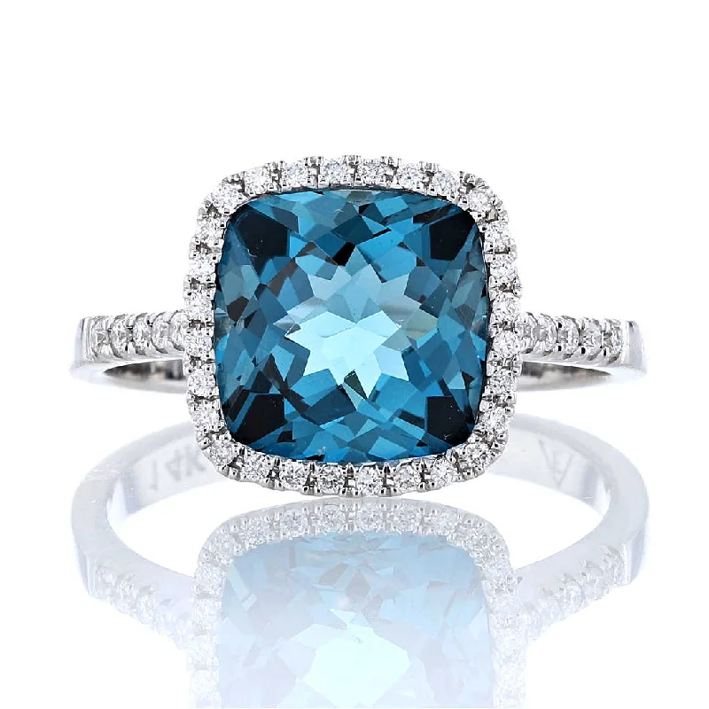 ladies rings metallic-Cushion London Blue Topaz & Diamond Halo Ring