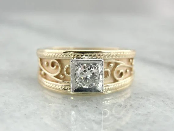 stacking engagement rings -Scrolls and Spiral Gold with Platinum Diamond Engagement Ring