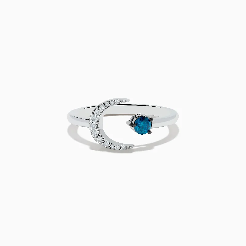 ladies rings stackable-Bella Bleu 14K White Gold White and Blue Diamond Crescent Moon Ring