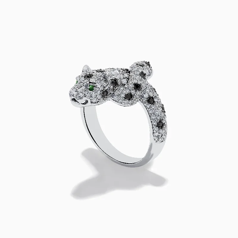 ladies rings zodiac-14K White Gold Emerald, White and Black Diamond Panther Ring