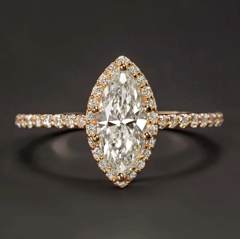 dainty engagement rings -1 CARAT G SI2 MARQUISE CUT DIAMOND ENGAGEMENT RING ROSE GOLD HALO PAVE BAND 1ct