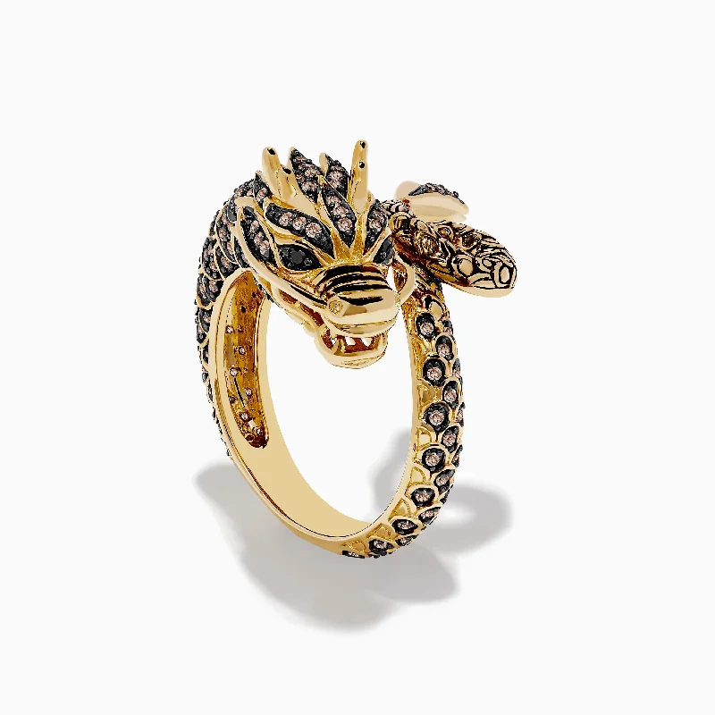 ladies rings everyday wear-Safari 14K Yellow Gold Brown Diamond Dragon Ring