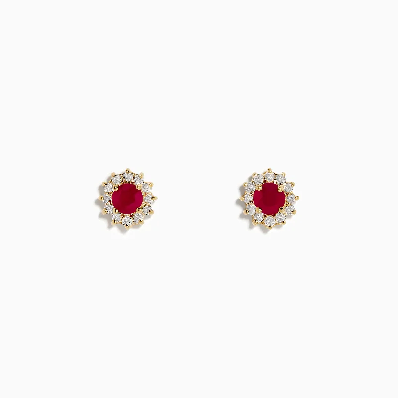 ladies earrings short-Ruby Royal 14K Yellow Gold Round Diamond Halo Ruby Stud Earrings, 0.89 TCW