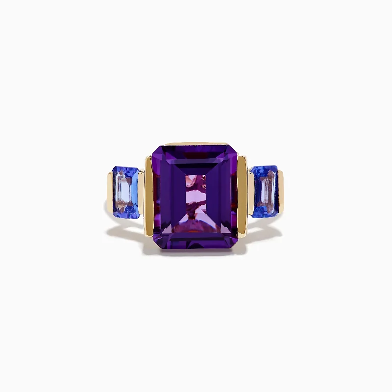 ladies rings animal-14K Yellow Gold Amethyst and Tanzanite 3 Stone Ring