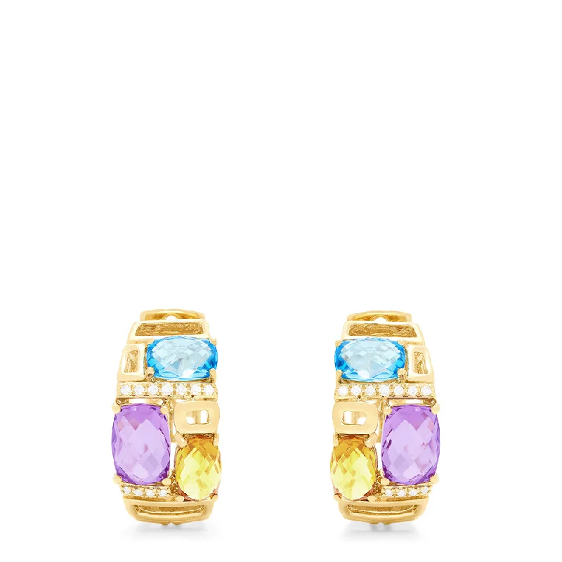 ladies earrings lightweight-Mosaic 14K Yellow Gold Multi Color and Diamond Hoop Earrings, 4.83 TCW