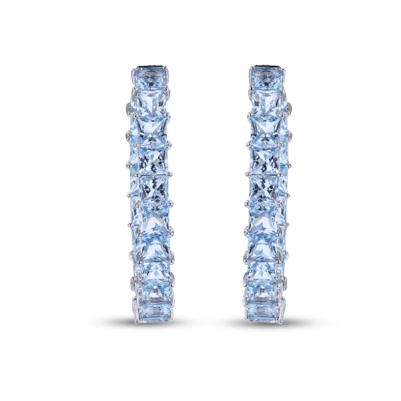 ladies earrings investment-18KT WHITE GOLD 13.41CTW AQUAMARINE OVAL HOOP EARRINGS