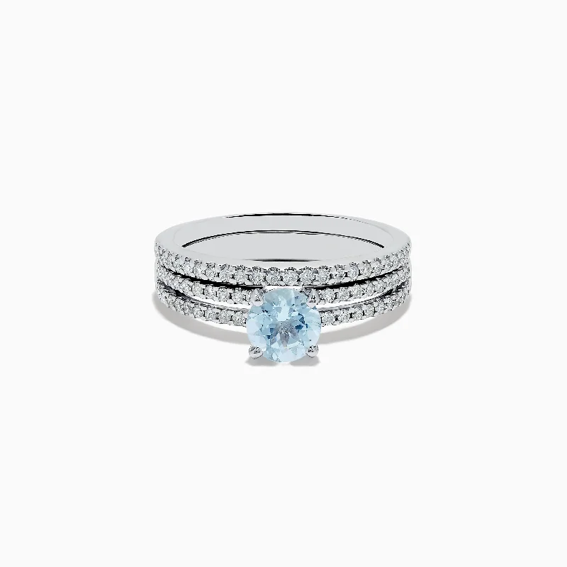 ladies rings statement-14K White Gold Aquamarine and Diamond Ring and Band Set