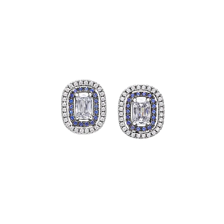 ladies earrings repair-Platinum and Black Rhodium Finish Sterling Silver Micropave Earrings with Synthetic Blue Sapphire and Simulated Diamonds