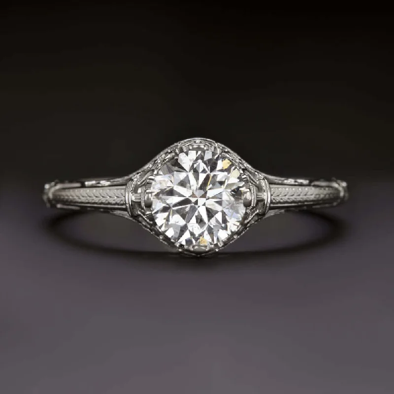 vintage diamond engagement rings -3/4ct NATURAL DIAMOND VINTAGE STYLE ENGAGEMENT RING ROUND WHITE GOLD SOLITAIRE