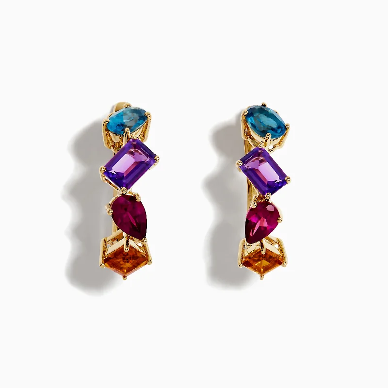 ladies earrings textured-Mosaic 14K Yellow Gold Multi Gemstone Earrings