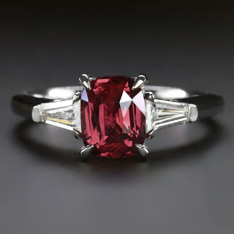 cushion cut engagement rings -1.77ct RUBY DIAMOND ENGAGEMENT RING PLATINUM GIA CERTIFIED 3 STONE CUSHION SHAPE